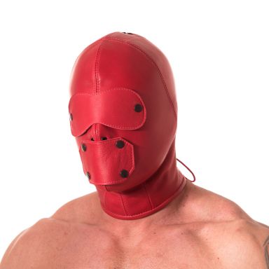 Leather Hood with Eye and Mouth Covers Red